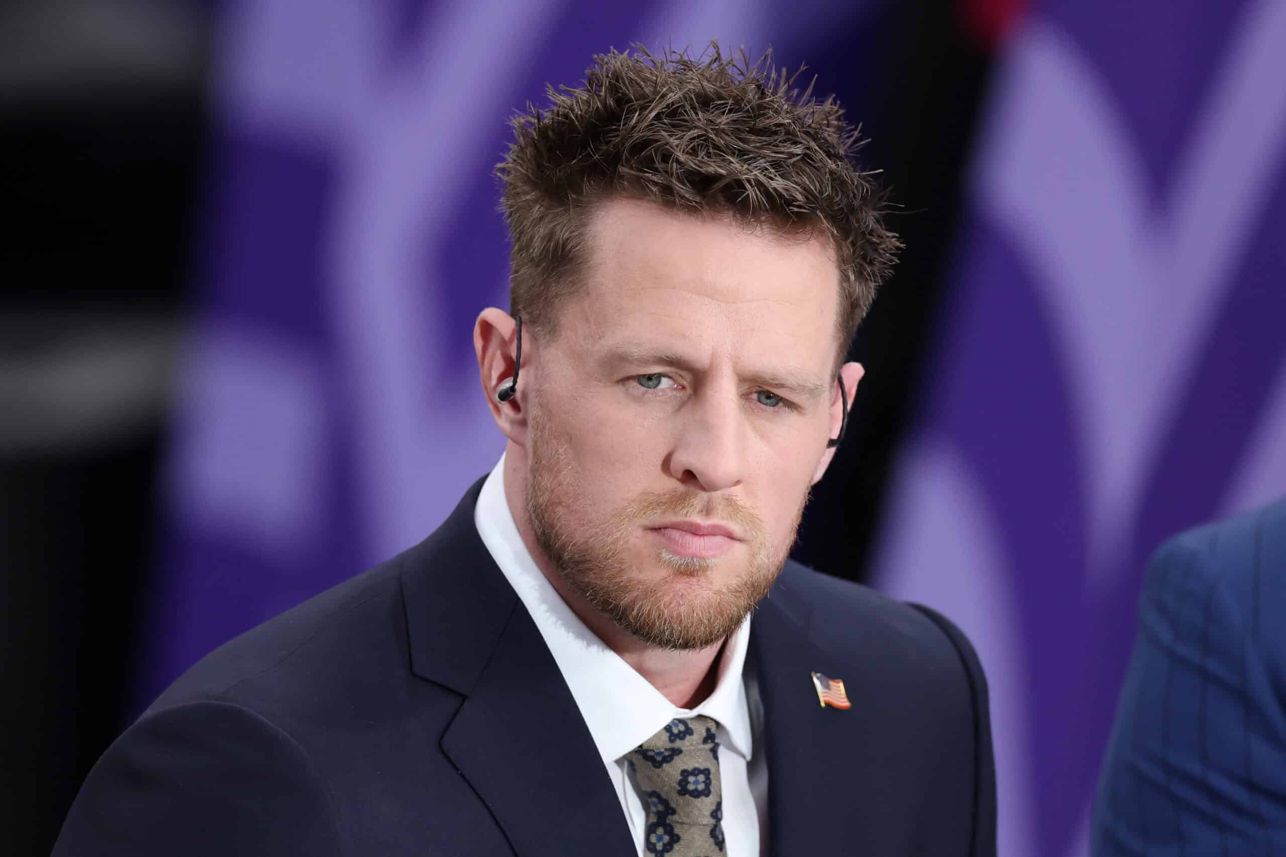 LAS VEGAS, NEVADA - FEBRUARY 11: Former NFL player and TV analyst JJ Watt looks on before Super Bowl LVIII between the Kansas City Chiefs and the San Francisco 49ers at Allegiant Stadium on February 11, 2024 in Las Vegas, Nevada.