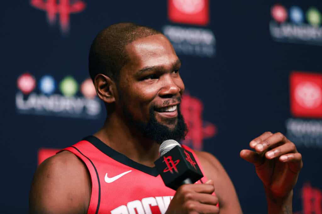 HOUSTON, TEXAS - SEPTEMBER 29: Kevin Durant #7 of the Houston Rockets speaks with the media during NBA Media Day at Toyota Center on September 29, 2025 in Houston, Texas.