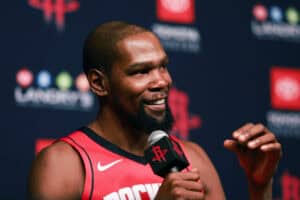 HOUSTON, TEXAS - SEPTEMBER 29: Kevin Durant #7 of the Houston Rockets speaks with the media during NBA Media Day at Toyota Center on September 29, 2025 in Houston, Texas.