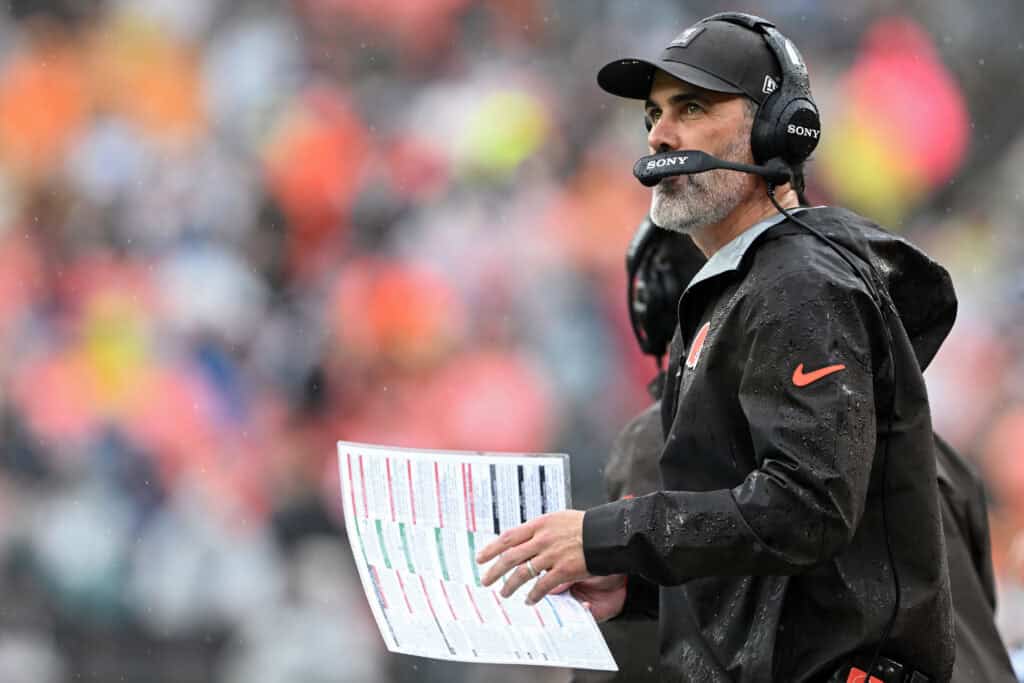 CLEVELAND, OHIO - OCTOBER 19: Head coach Kevin Stefanski of the Cleveland Browns looks on against the Miami Dolphins during the first quarter of the game at Huntington Bank Field on October 19, 2025 in Cleveland, Ohio.