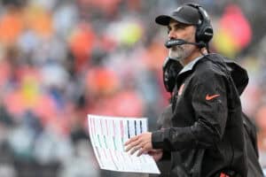 CLEVELAND, OHIO - OCTOBER 19: Head coach Kevin Stefanski of the Cleveland Browns looks on against the Miami Dolphins during the first quarter of the game at Huntington Bank Field on October 19, 2025 in Cleveland, Ohio.