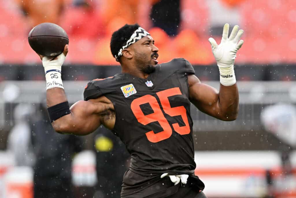 CLEVELAND, OHIO - OCTOBER 19: Myles Garrett #95 of the Cleveland Browns warms up prior to a game against the Miami Dolphins at Huntington Bank Field on October 19, 2025 in Cleveland, Ohio.