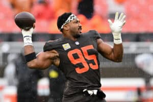 CLEVELAND, OHIO - OCTOBER 19: Myles Garrett #95 of the Cleveland Browns warms up prior to a game against the Miami Dolphins at Huntington Bank Field on October 19, 2025 in Cleveland, Ohio.