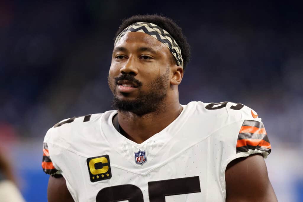 DETROIT, MICHIGAN - SEPTEMBER 28: Myles Garrett #95 of the Cleveland Browns looks on prior to the game against the Detroit Lions at Ford Field on September 28, 2025 in Detroit, Michigan.