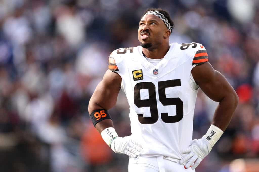FOXBOROUGH, MASSACHUSETTS - OCTOBER 26: Myles Garrett #95 of the Cleveland Browns looks on during the second quarter in the game against the New England Patriots at Gillette Stadium on October 26, 2025 in Foxborough, Massachusetts.