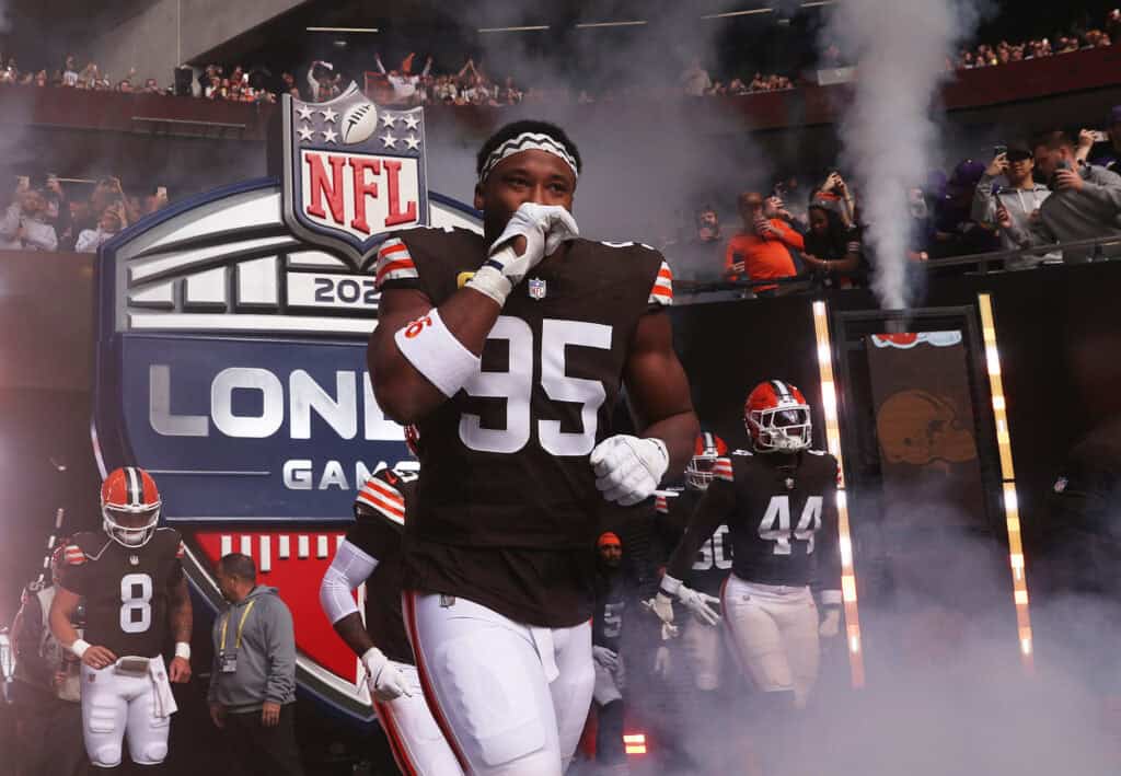 LONDON, ENGLAND - OCTOBER 05: Myles Garrett of the Cleveland Browns runs out of the tunnel prior to the NFL 2025 game between Minnesota Vikings and Cleveland Browns at Tottenham Hotspur Stadium on October 05, 2025 in London, England.""