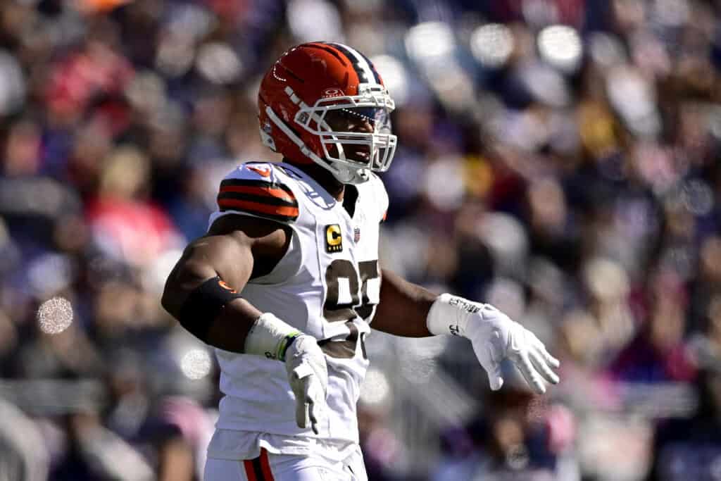 FOXBOROUGH, MASSACHUSETTS - OCTOBER 26: Myles Garrett #95 of the Cleveland Browns reacts after a sack against the New England Patriots during the first quarter in the game at Gillette Stadium on October 26, 2025 in Foxborough, Massachusetts.