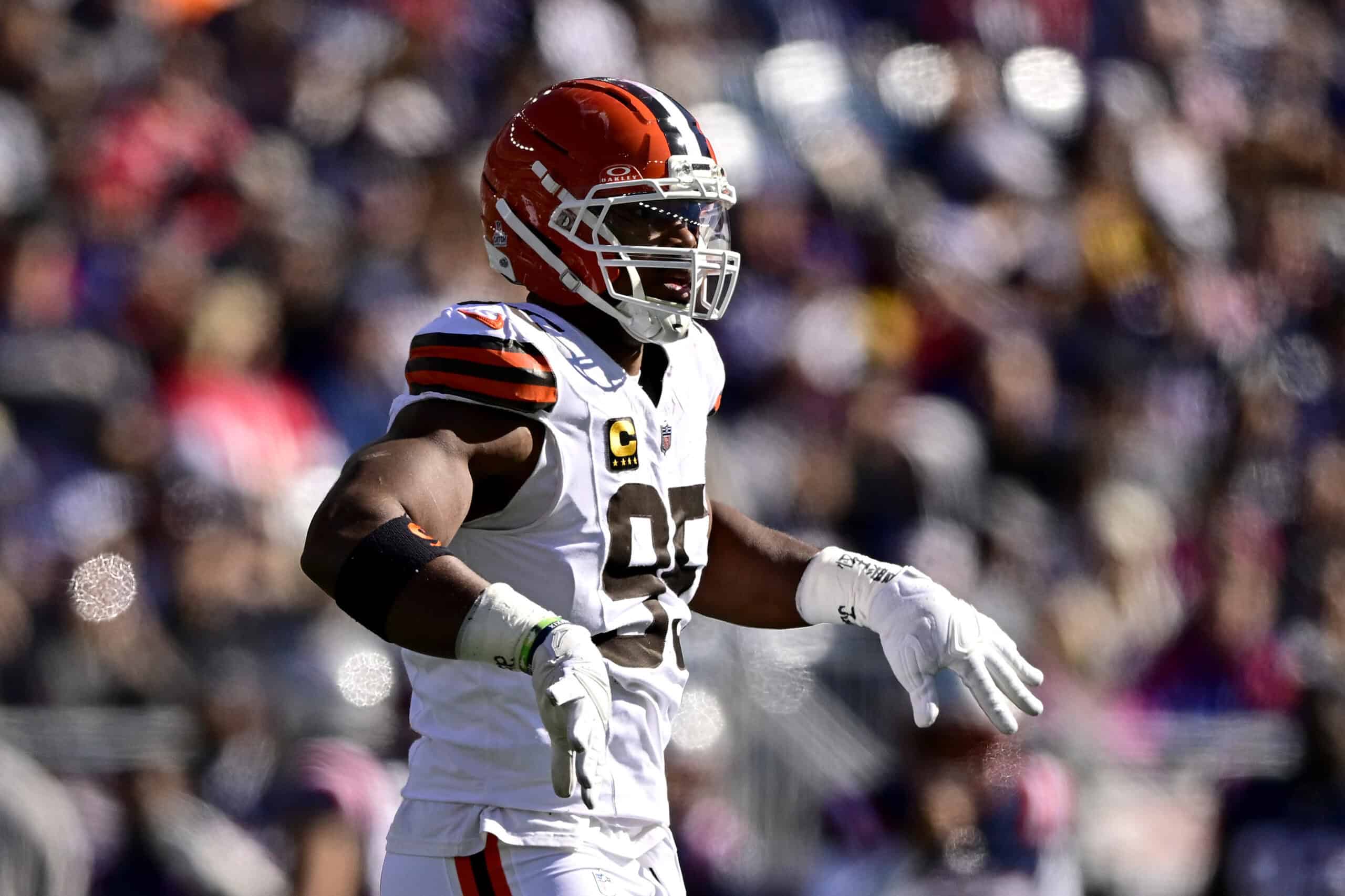 FOXBOROUGH, MASSACHUSETTS - OCTOBER 26: Myles Garrett #95 of the Cleveland Browns reacts after a sack against the New England Patriots during the first quarter in the game at Gillette Stadium on October 26, 2025 in Foxborough, Massachusetts.