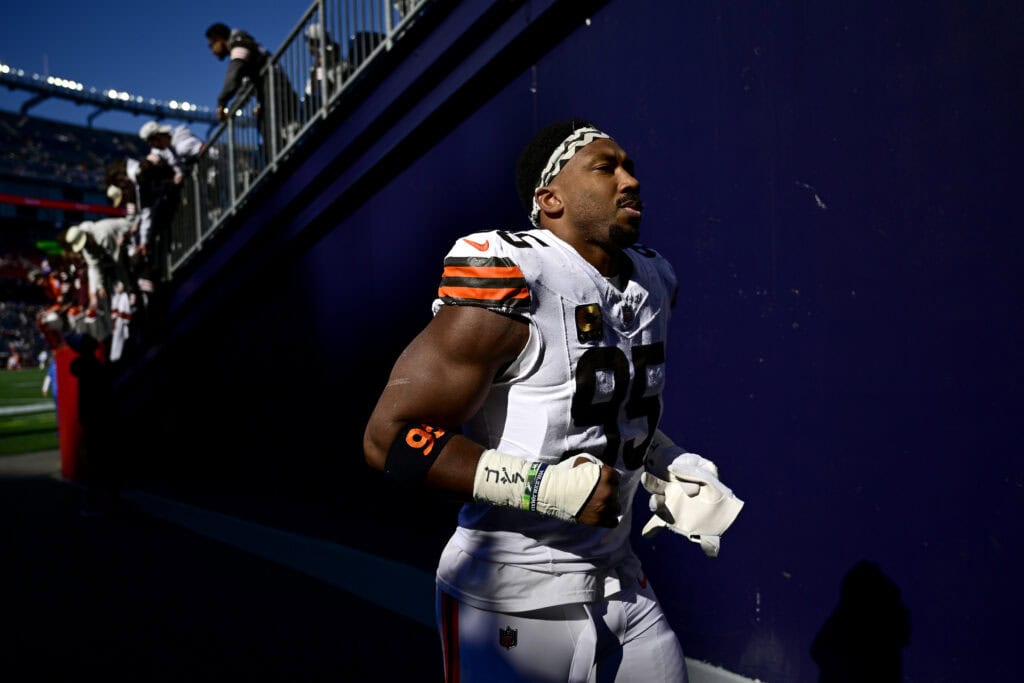 FOXBOROUGH, MASSACHUSETTS - OCTOBER 26: Myles Garrett #95 of the Cleveland Browns runs off the field after warmups prior to the game against the New England Patriots at Gillette Stadium on October 26, 2025 in Foxborough, Massachusetts.