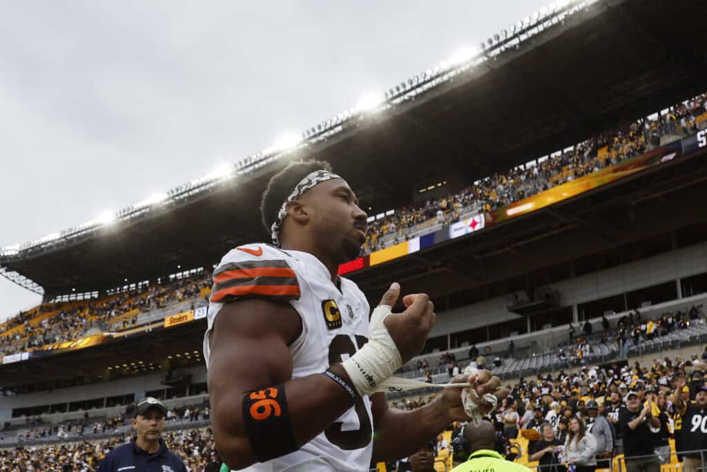 PITTSBURGH, PENNSYLVANIA - OCTOBER 12: Myles Garrett #95 of the Cleveland Browns walks of the field after being defeated by the Pittsburgh Steelers in the game at Acrisure Stadium on October 12, 2025 in Pittsburgh, Pennsylvania.