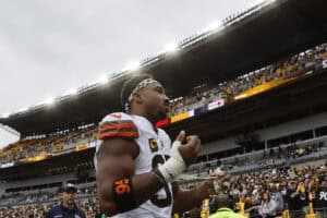 PITTSBURGH, PENNSYLVANIA - OCTOBER 12: Myles Garrett #95 of the Cleveland Browns walks of the field after being defeated by the Pittsburgh Steelers in the game at Acrisure Stadium on October 12, 2025 in Pittsburgh, Pennsylvania.