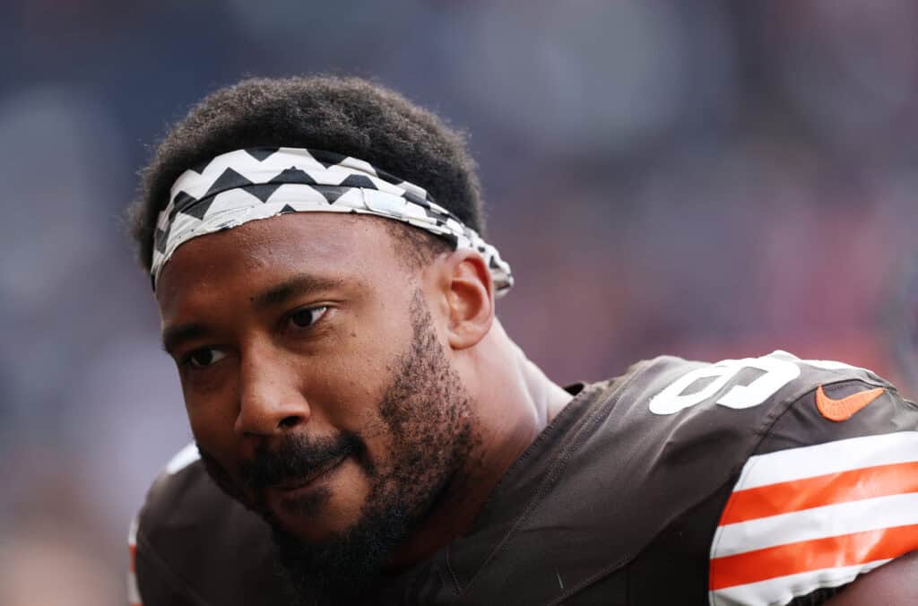 LONDON, ENGLAND - OCTOBER 05: Myles Garrett of Cleveland Browns looks on during the NFL 2025 game between Minnesota Vikings and Cleveland Browns at Tottenham Hotspur Stadium on October 05, 2025 in London, England.""