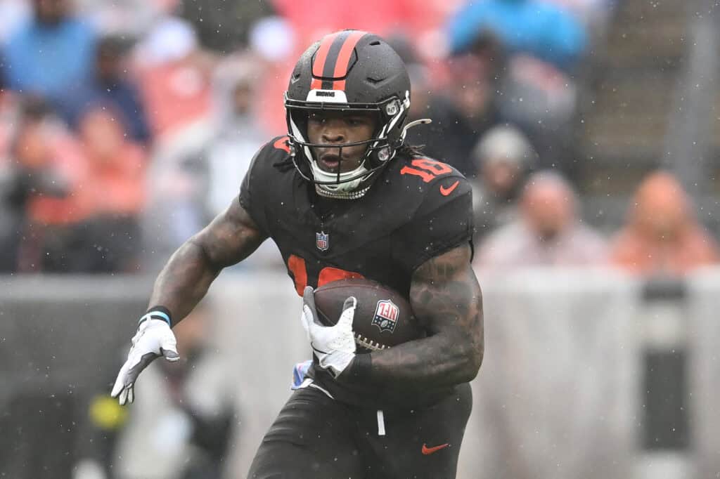 CLEVELAND, OHIO - OCTOBER 19: Quinshon Judkins #10 of the Cleveland Browns runs with the ball against the Miami Dolphins at Huntington Bank Field on October 19, 2025 in Cleveland, Ohio.