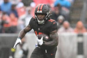 CLEVELAND, OHIO - OCTOBER 19: Quinshon Judkins #10 of the Cleveland Browns runs with the ball against the Miami Dolphins at Huntington Bank Field on October 19, 2025 in Cleveland, Ohio.