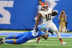 DETROIT, MICHIGAN - SEPTEMBER 28: Quinshon Judkins #10 of the Cleveland Browns plays against the Detroit Lions at Ford Field on September 28, 2025 in Detroit, Michigan.