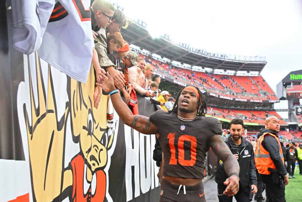 CLEVELAND, OHIO - OCTOBER 19: Quinshon Judkins #10 of the Cleveland Browns celebrates after defeating the Miami Dolphins at Huntington Bank Field on October 19, 2025 in Cleveland, Ohio.
