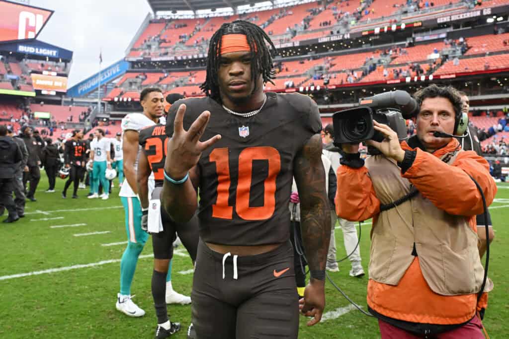 CLEVELAND, OHIO - OCTOBER 19: Quinshon Judkins #10 of the Cleveland Browns celebrates after defeating the Miami Dolphins at Huntington Bank Field on October 19, 2025 in Cleveland, Ohio.