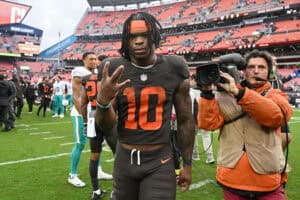 CLEVELAND, OHIO - OCTOBER 19: Quinshon Judkins #10 of the Cleveland Browns celebrates after defeating the Miami Dolphins at Huntington Bank Field on October 19, 2025 in Cleveland, Ohio.