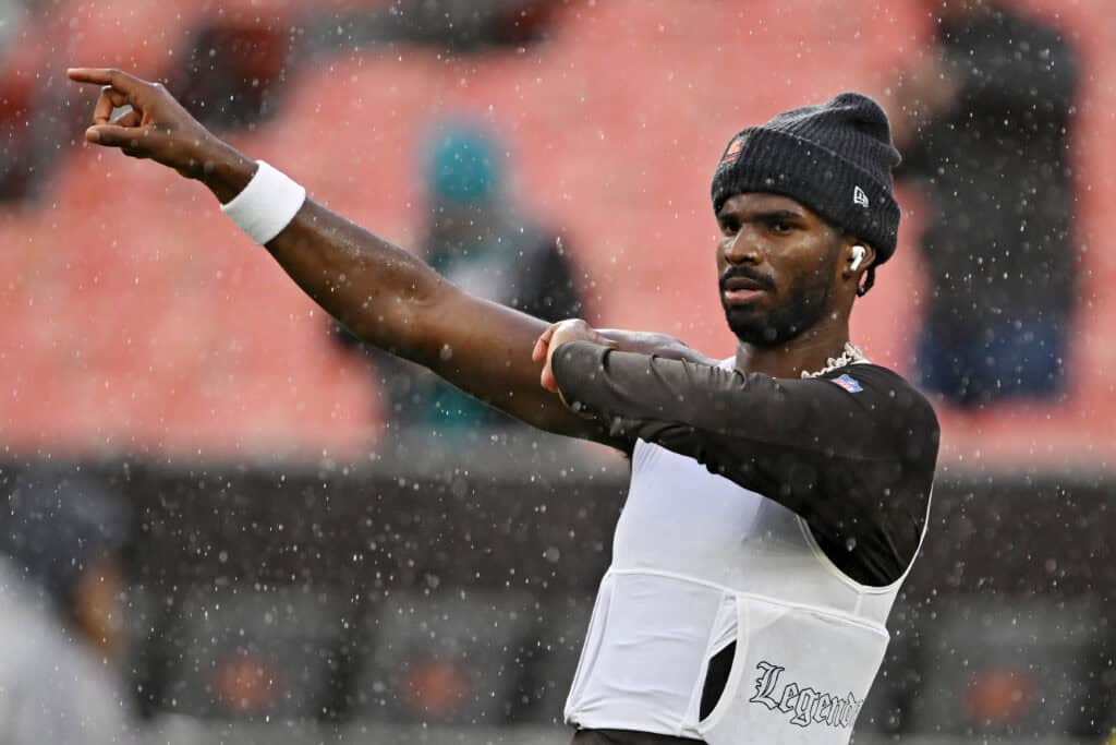 CLEVELAND, OHIO - OCTOBER 19: Shedeur Sanders #12 of the Cleveland Browns warms up prior to playing the Miami Dolphins at Huntington Bank Field on October 19, 2025 in Cleveland, Ohio.