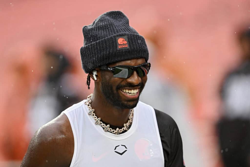 CLEVELAND, OHIO - OCTOBER 19: Shedeur Sanders #12 of the Cleveland Browns looks on during warm ups prior to a game against the Miami Dolphins at Huntington Bank Field on October 19, 2025 in Cleveland, Ohio.