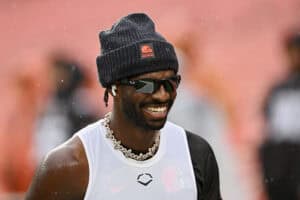 CLEVELAND, OHIO - OCTOBER 19: Shedeur Sanders #12 of the Cleveland Browns looks on during warm ups prior to a game against the Miami Dolphins at Huntington Bank Field on October 19, 2025 in Cleveland, Ohio.