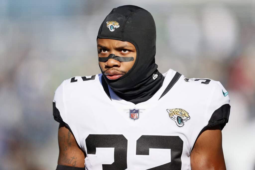 SEATTLE, WASHINGTON - OCTOBER 31: Tyson Campbell #32 of the Jacksonville Jaguars looks on before the game against the Seattle Seahawks at Lumen Field on October 31, 2021 in Seattle, Washington.