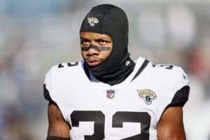 SEATTLE, WASHINGTON - OCTOBER 31: Tyson Campbell #32 of the Jacksonville Jaguars looks on before the game against the Seattle Seahawks at Lumen Field on October 31, 2021 in Seattle, Washington.