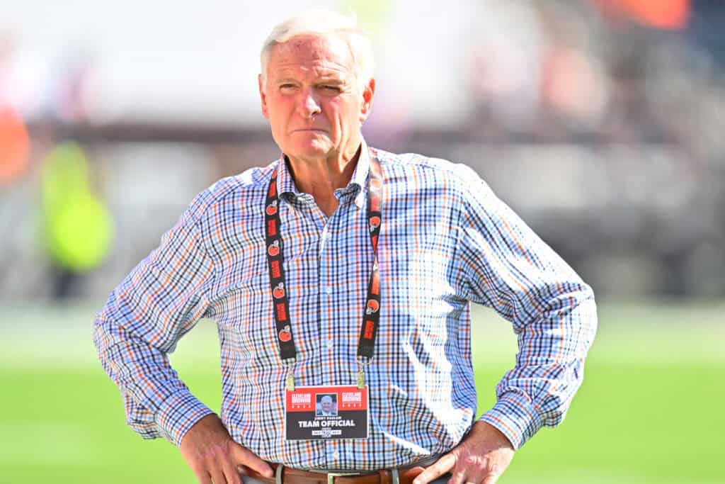 CLEVELAND, OHIO - OCTOBER 01: Cleveland Browns owner Jimmy Haslam looks on prior to a game against the Baltimore Ravens at Cleveland Browns Stadium on October 01, 2023 in Cleveland, Ohio.