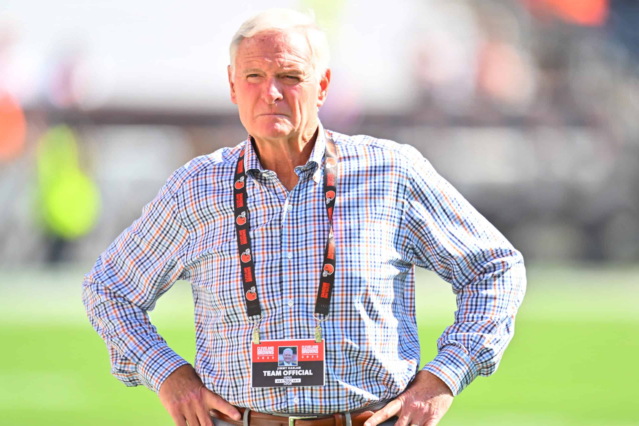 CLEVELAND, OHIO - OCTOBER 01: Cleveland Browns owner Jimmy Haslam looks on prior to a game against the Baltimore Ravens at Cleveland Browns Stadium on October 01, 2023 in Cleveland, Ohio.