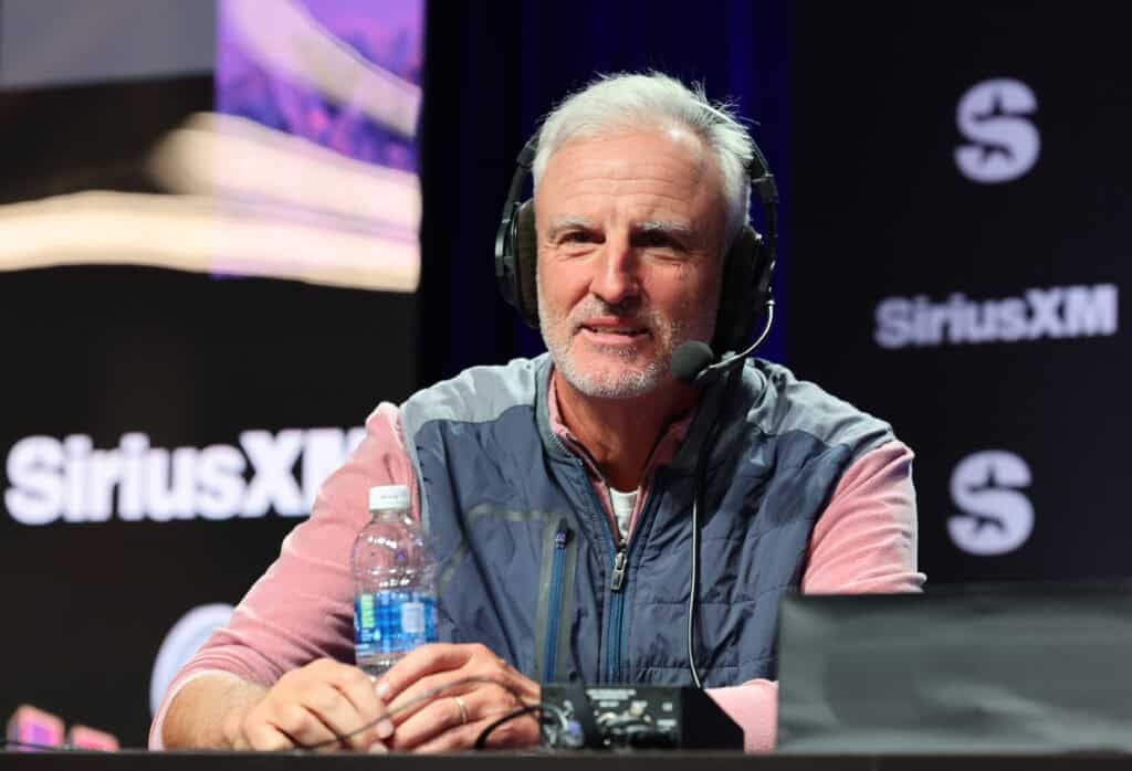 LAS VEGAS, NEVADA - FEBRUARY 08: Trey Wingo speaks on SiriusXM at Super Bowl LVIII on February 08, 2024 in Las Vegas, Nevada.