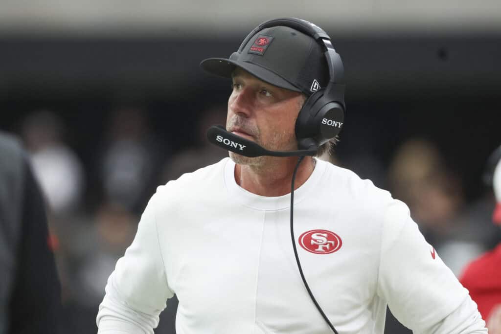 LAS VEGAS, NEVADA - AUGUST 16: Head coach Kyle Shanahan of the San Francisco 49ers looks on prior to a game of the NFL Preseason 2025 game against the Las Vegas Raiders at Allegiant Stadium on August 16, 2025 in Las Vegas, Nevada.