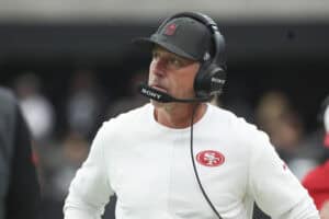LAS VEGAS, NEVADA - AUGUST 16: Head coach Kyle Shanahan of the San Francisco 49ers looks on prior to a game of the NFL Preseason 2025 game against the Las Vegas Raiders at Allegiant Stadium on August 16, 2025 in Las Vegas, Nevada.