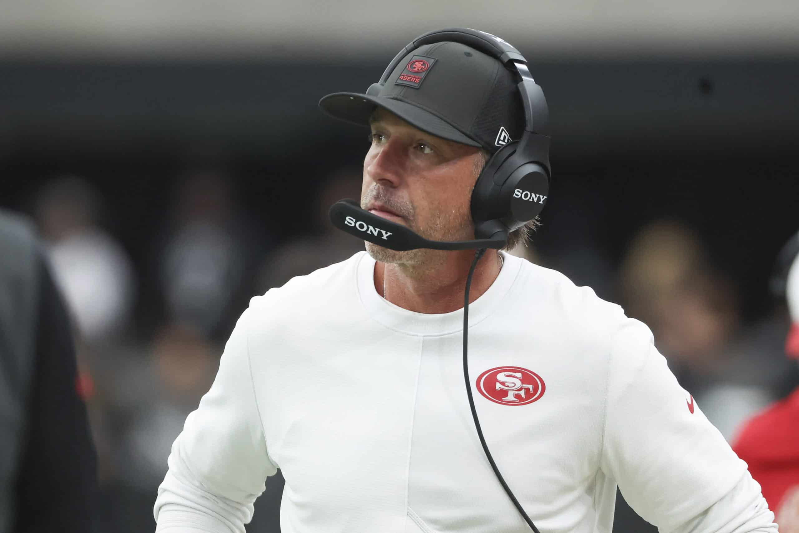 LAS VEGAS, NEVADA - AUGUST 16: Head coach Kyle Shanahan of the San Francisco 49ers looks on prior to a game of the NFL Preseason 2025 game against the Las Vegas Raiders at Allegiant Stadium on August 16, 2025 in Las Vegas, Nevada.