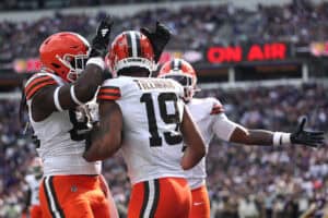 BALTIMORE, MARYLAND - SEPTEMBER 14: Cedric Tillman #19 of the Cleveland Browns reacts during the game against the Baltimore Ravens at M&T Bank Stadium on September 14, 2025 in Baltimore, Maryland.