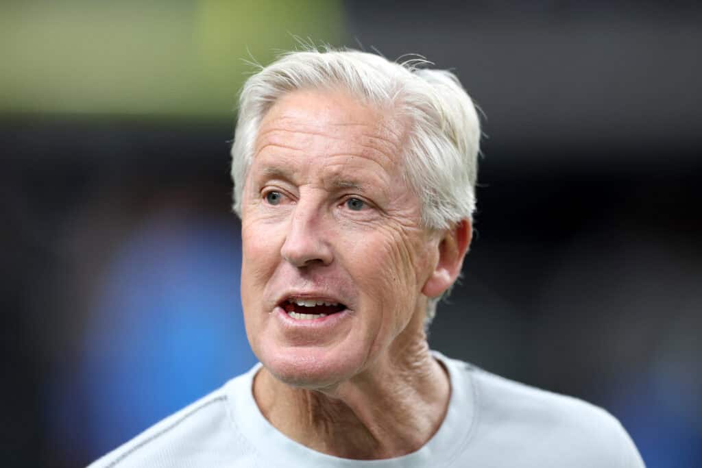 LAS VEGAS, NEVADA - SEPTEMBER 15: Head coach Pete Carroll of the Las Vegas Raiders looks on prior to a NFL 2025 game against the Los Angeles Chargers at Allegiant Stadium on September 15, 2025 in Las Vegas, Nevada.