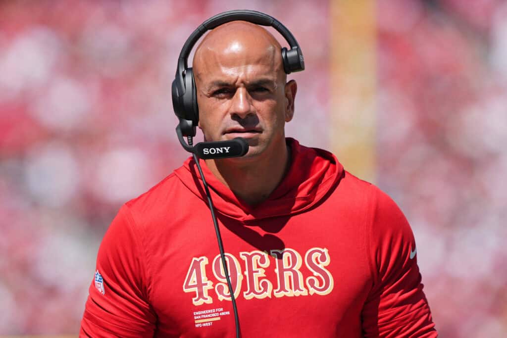 SANTA CLARA, CALIFORNIA - SEPTEMBER 21: Defensive coordinator Robert Saleh of the San Francisco 49ers looks on during the first quarter against the Arizona Cardinals at Levi's Stadium on September 21, 2025 in Santa Clara, California.