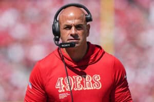 SANTA CLARA, CALIFORNIA - SEPTEMBER 21: Defensive coordinator Robert Saleh of the San Francisco 49ers looks on during the first quarter against the Arizona Cardinals at Levi's Stadium on September 21, 2025 in Santa Clara, California.