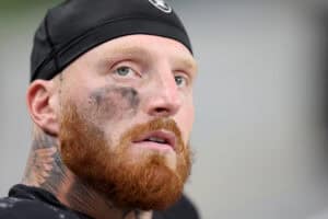 LAS VEGAS, NEVADA - OCTOBER 12: Maxx Crosby #98 of the Las Vegas Raiders looks on during the fourth quarter in the game against the Tennessee Titans at Allegiant Stadium on October 12, 2025 in Las Vegas, Nevada.