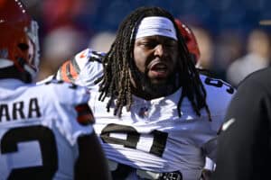 FOXBOROUGH, MASSACHUSETTS - OCTOBER 26: Alex Wright #91 of the Cleveland Browns looks on during warmups the game against the New England Patriots at Gillette Stadium on October 26, 2025 in Foxborough, Massachusetts.