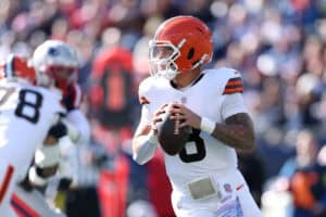 FOXBOROUGH, MASSACHUSETTS - OCTOBER 26: Dillon Gabriel #8 of the Cleveland Browns looks to pass the ball against the New England Patriots during the first quarter in the game at Gillette Stadium on October 26, 2025 in Foxborough, Massachusetts.