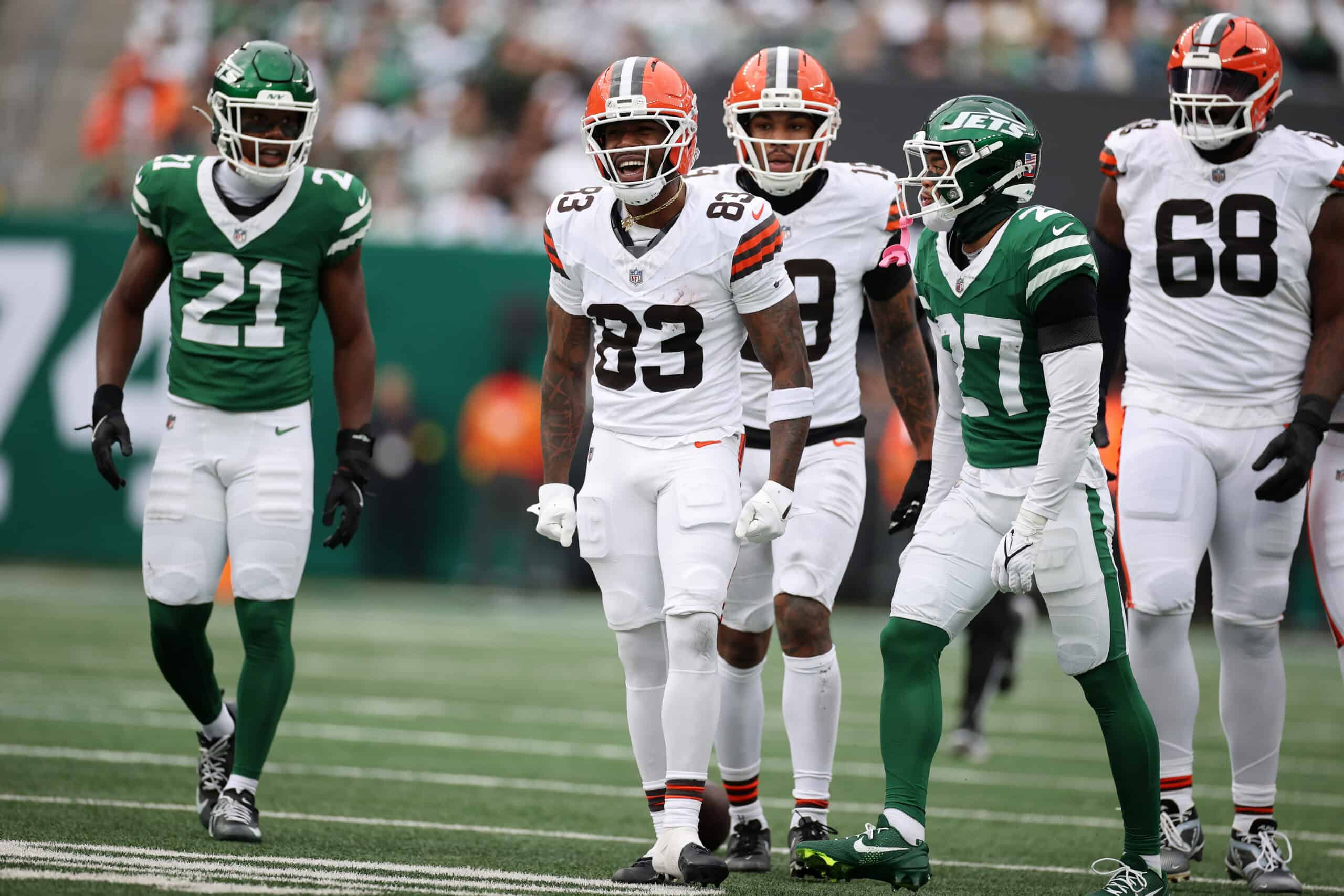 EAST RUTHERFORD, NEW JERSEY - NOVEMBER 09: Malachi Corley #83 of the Cleveland Browns celebrates against the New York Jets during the first half in the game at MetLife Stadium on November 09, 2025 in East Rutherford, New Jersey.