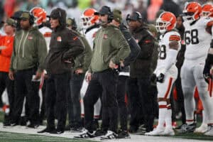 EAST RUTHERFORD, NEW JERSEY - NOVEMBER 09: Head coach Kevin Stefanski of the Cleveland Browns looks on during the second half against the New York Jets in the game at MetLife Stadium on November 09, 2025 in East Rutherford, New Jersey.