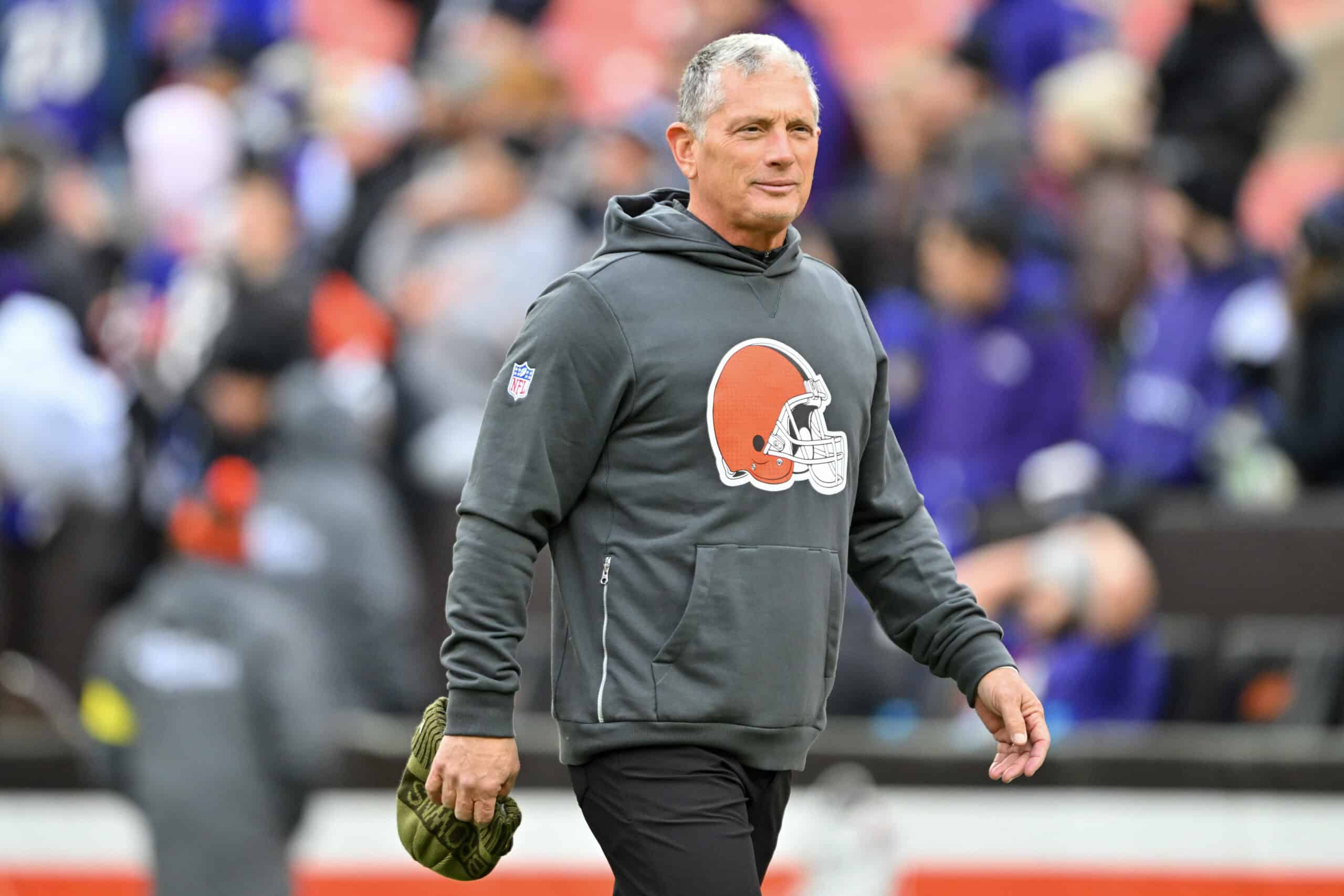CLEVELAND, OHIO - NOVEMBER 16: Defensive coordinator Jim Schwartz of the Cleveland Browns looks on during warmups before the game against the Baltimore Ravens at Huntington Bank Field on November 16, 2025 in Cleveland, Ohio.