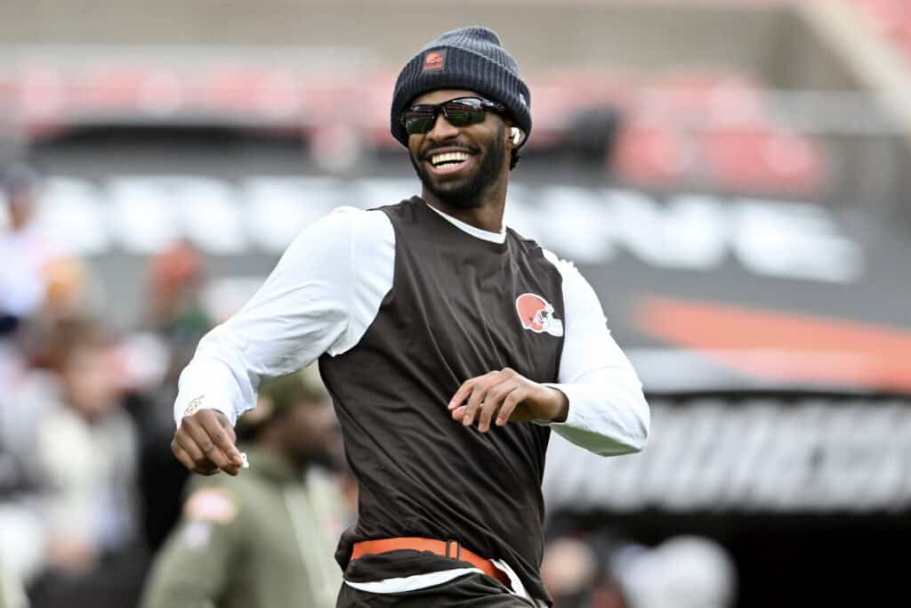 CLEVELAND, OHIO - NOVEMBER 16: Shedeur Sanders #12 of the Cleveland Browns looks on during warmups before the game against the Baltimore Ravens at Huntington Bank Field on November 16, 2025 in Cleveland, Ohio.