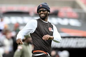 CLEVELAND, OHIO - NOVEMBER 16: Shedeur Sanders #12 of the Cleveland Browns looks on during warmups before the game against the Baltimore Ravens at Huntington Bank Field on November 16, 2025 in Cleveland, Ohio.