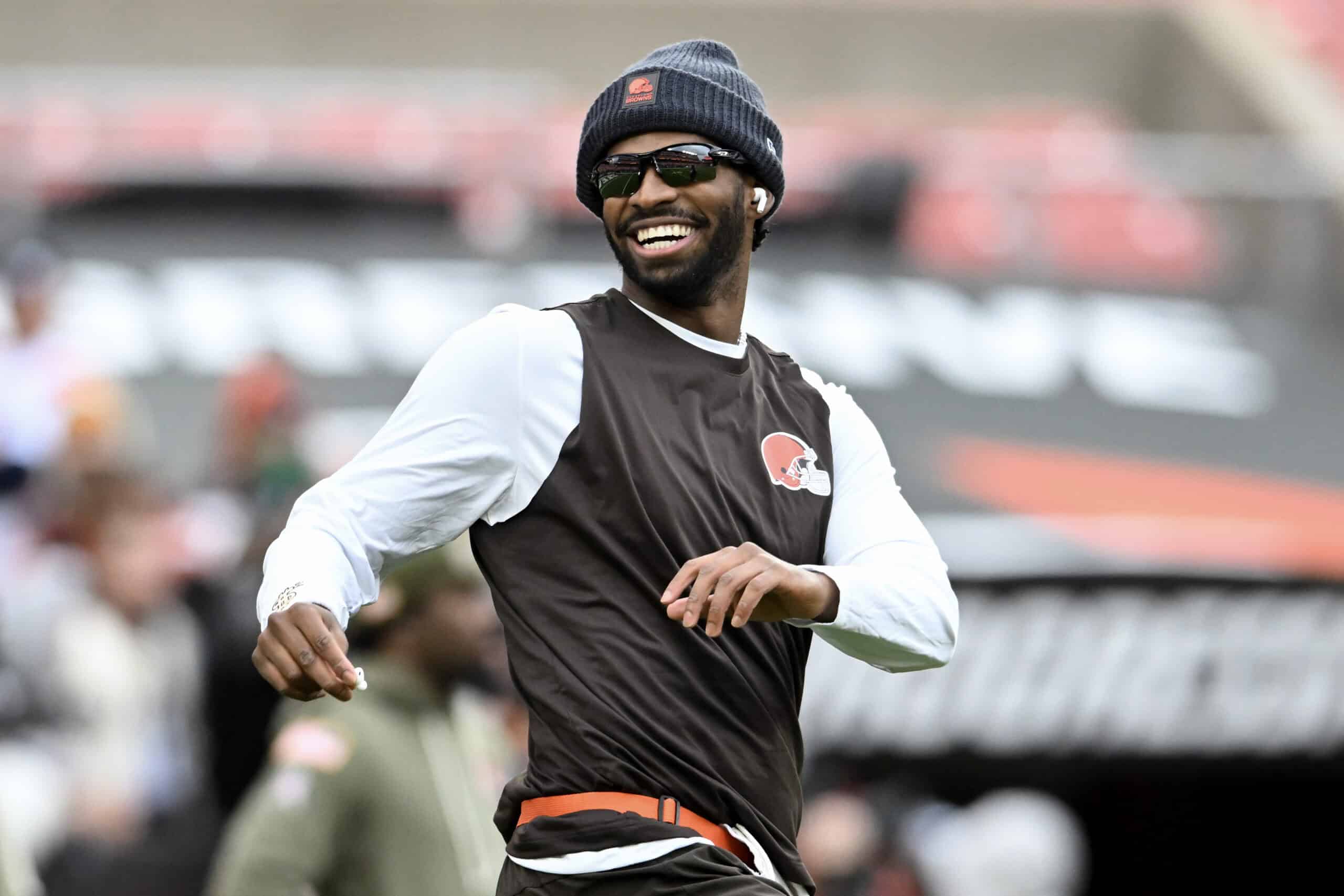 CLEVELAND, OHIO - NOVEMBER 16: Shedeur Sanders #12 of the Cleveland Browns looks on during warmups before the game against the Baltimore Ravens at Huntington Bank Field on November 16, 2025 in Cleveland, Ohio.