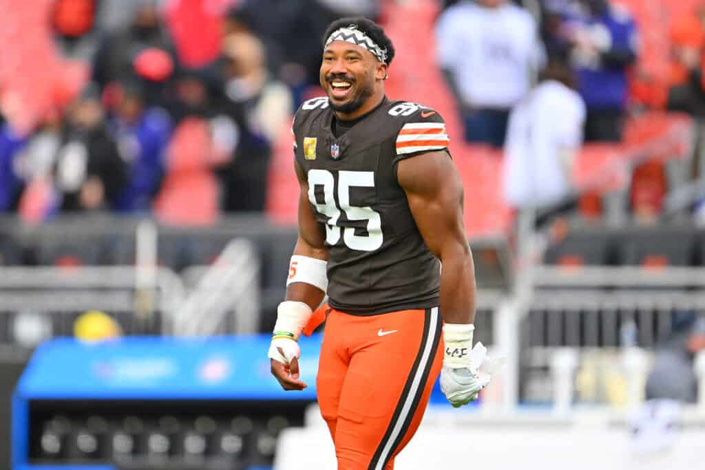 CLEVELAND, OHIO - NOVEMBER 16: Myles Garrett #95 of the Cleveland Browns looks on during warmups before the game against the Baltimore Ravens at Huntington Bank Field on November 16, 2025 in Cleveland, Ohio.