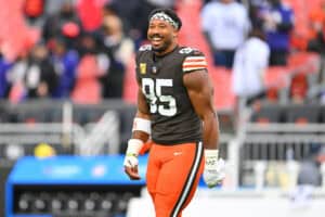 CLEVELAND, OHIO - NOVEMBER 16: Myles Garrett #95 of the Cleveland Browns looks on during warmups before the game against the Baltimore Ravens at Huntington Bank Field on November 16, 2025 in Cleveland, Ohio.