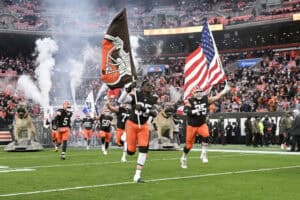 CLEVELAND, OHIO - NOVEMBER 16: The Cleveland Browns run onto the field before the game against the Baltimore Ravens at Huntington Bank Field on November 16, 2025 in Cleveland, Ohio.