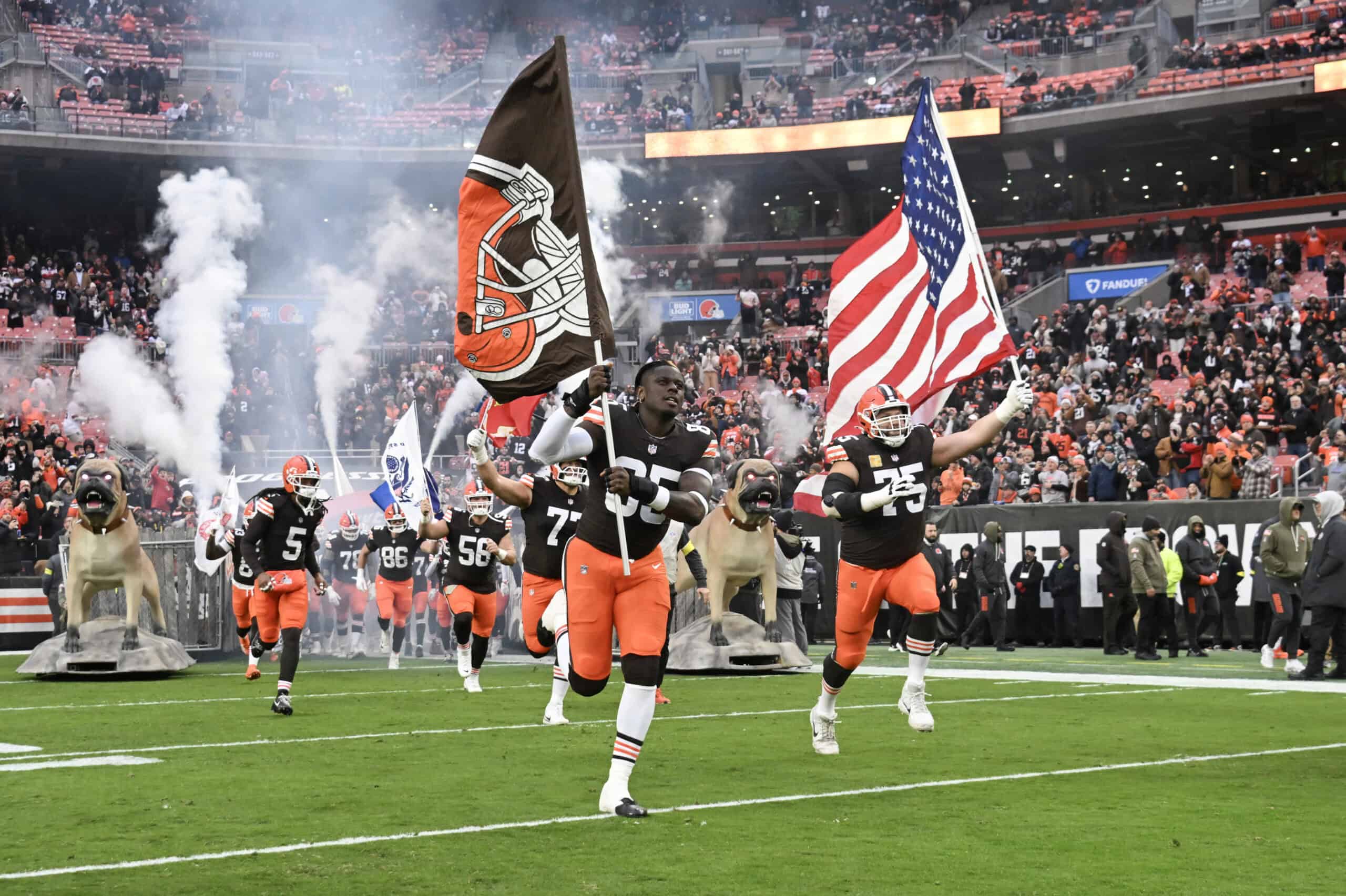CLEVELAND, OHIO - NOVEMBER 16: The Cleveland Browns run onto the field before the game against the Baltimore Ravens at Huntington Bank Field on November 16, 2025 in Cleveland, Ohio.